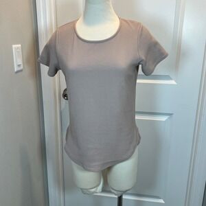 Bar III Women's Taupe Textured Knit Short Sleeve Zipper Back Top Size L